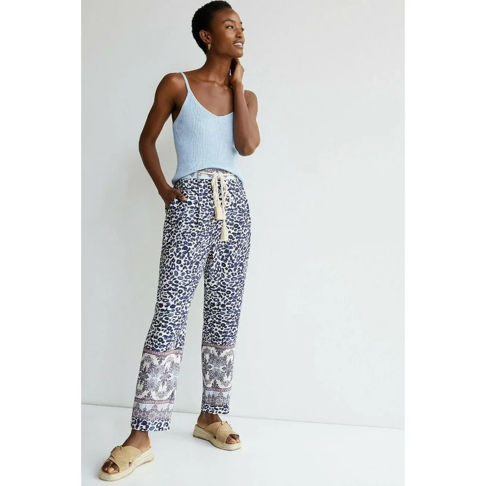 NWT Anthropologie Ollari Tasseled Tapered Trousers M $118 Blue Ivory